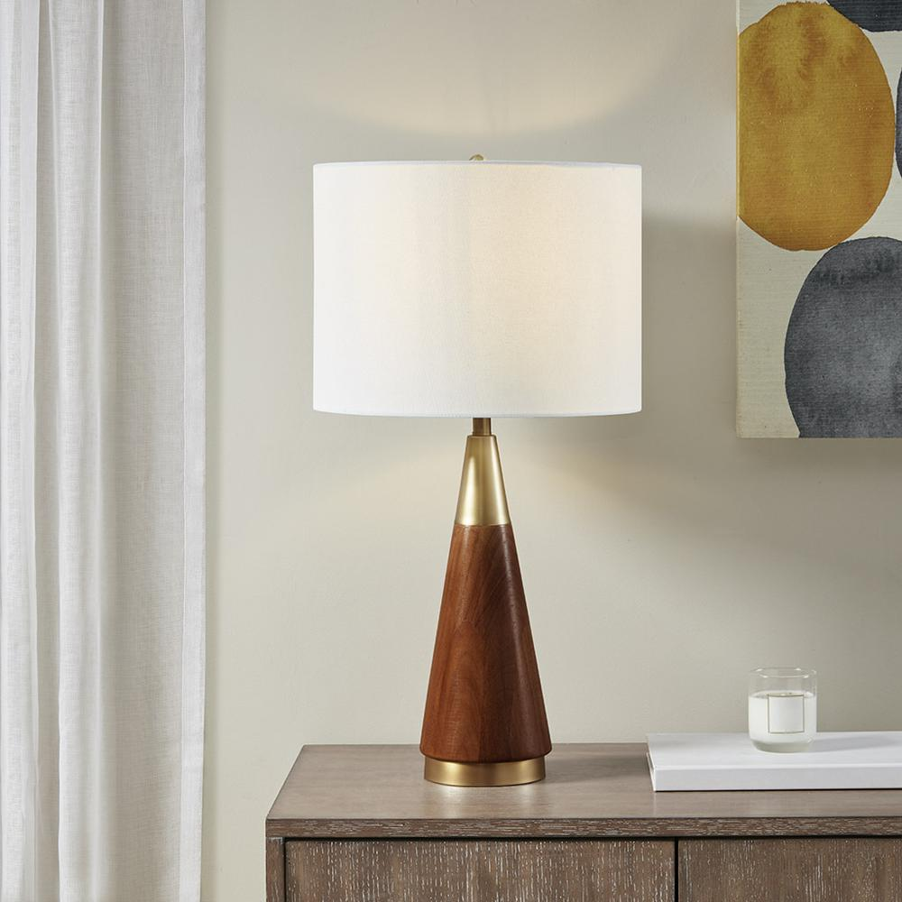 Mid Century Table Lamp - Pecan Finish & Gold Accents