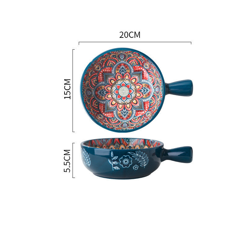 Elegant Glazed Ceramic Salad & Dessert Bowl - Flower Handle, 400ml - Red, Blue, Green