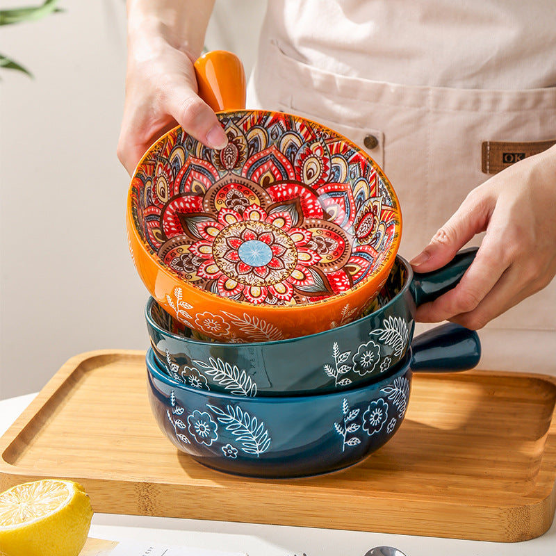 Elegant Glazed Ceramic Salad & Dessert Bowl - Flower Handle, 400ml - Red, Blue, Green