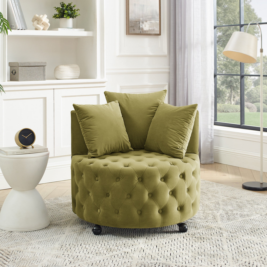 Luxurious Velvet Upholstered Swivel Chair - Khaki Green with Button Tufted Design and Movable Wheels