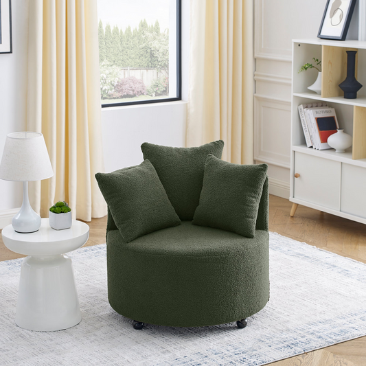 Green Teddy Fabric Swivel Accent Backchair | Luxury Lounge Chair with 3 Pillows & Wheels