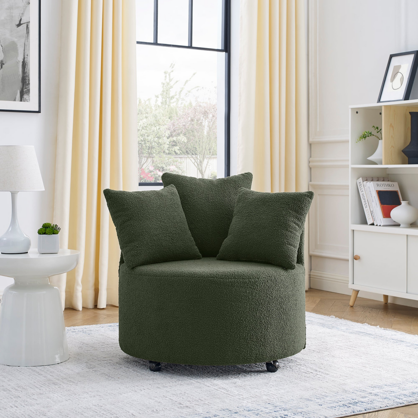 Green Teddy Fabric Swivel Accent Backchair | Luxury Lounge Chair with 3 Pillows & Wheels