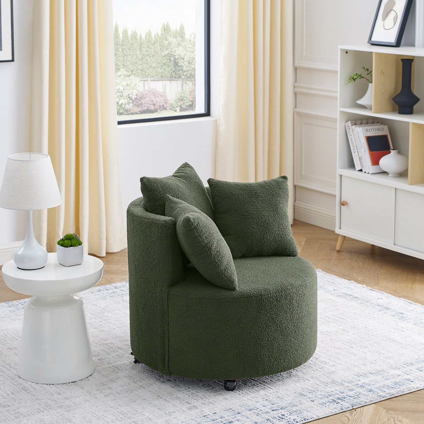 Green Teddy Fabric Swivel Accent Backchair | Luxury Lounge Chair with 3 Pillows & Wheels