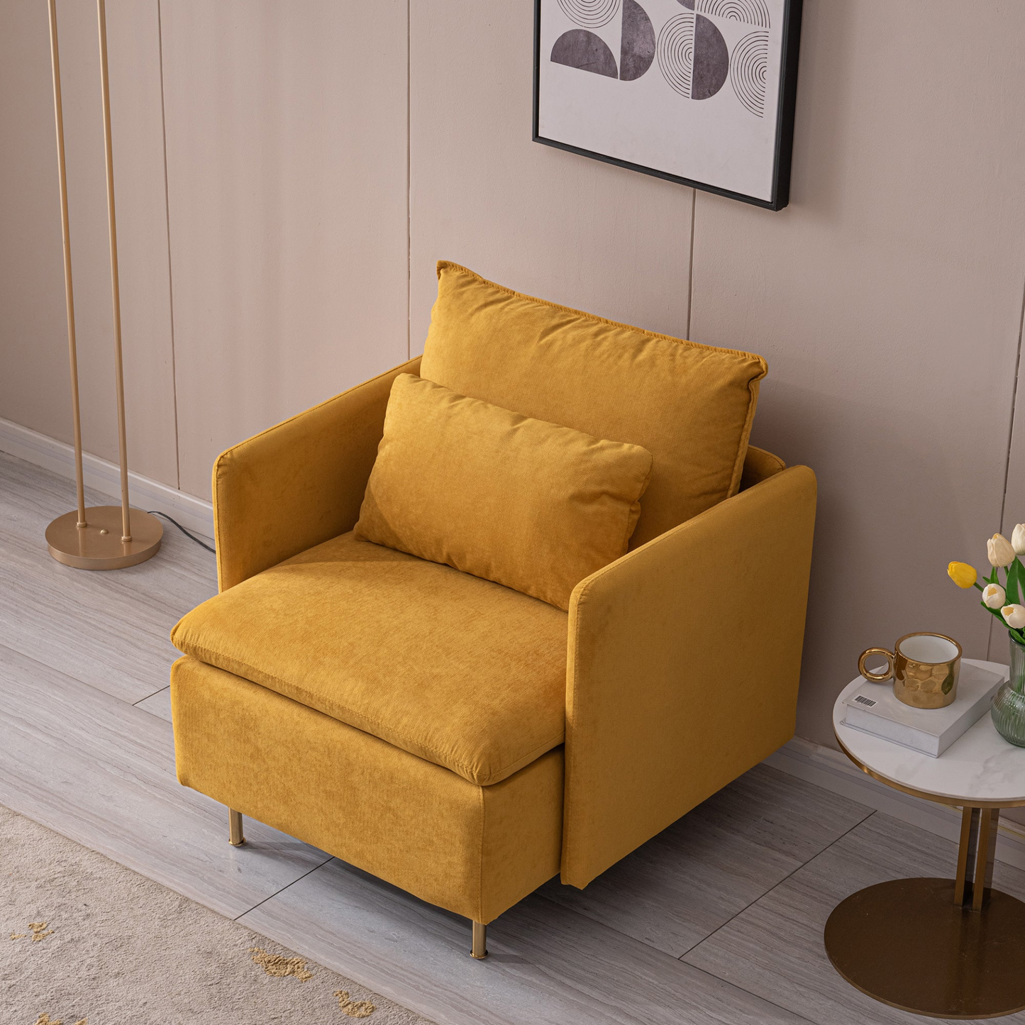 Modern Fabric Accent Armchair in Yellow Cotton Linen - 30.7''