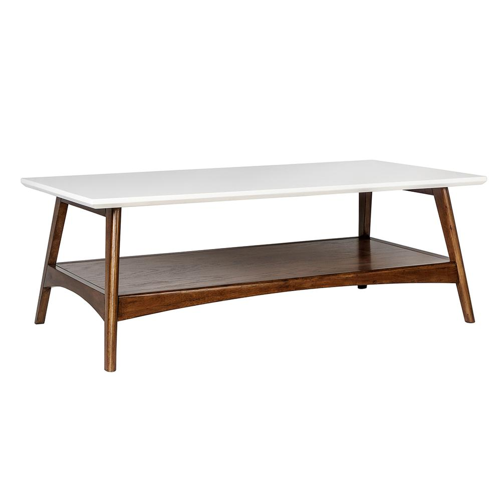 Parker Mid Century Coffee Table - Off-White Tops and Pecan Finish Shelf