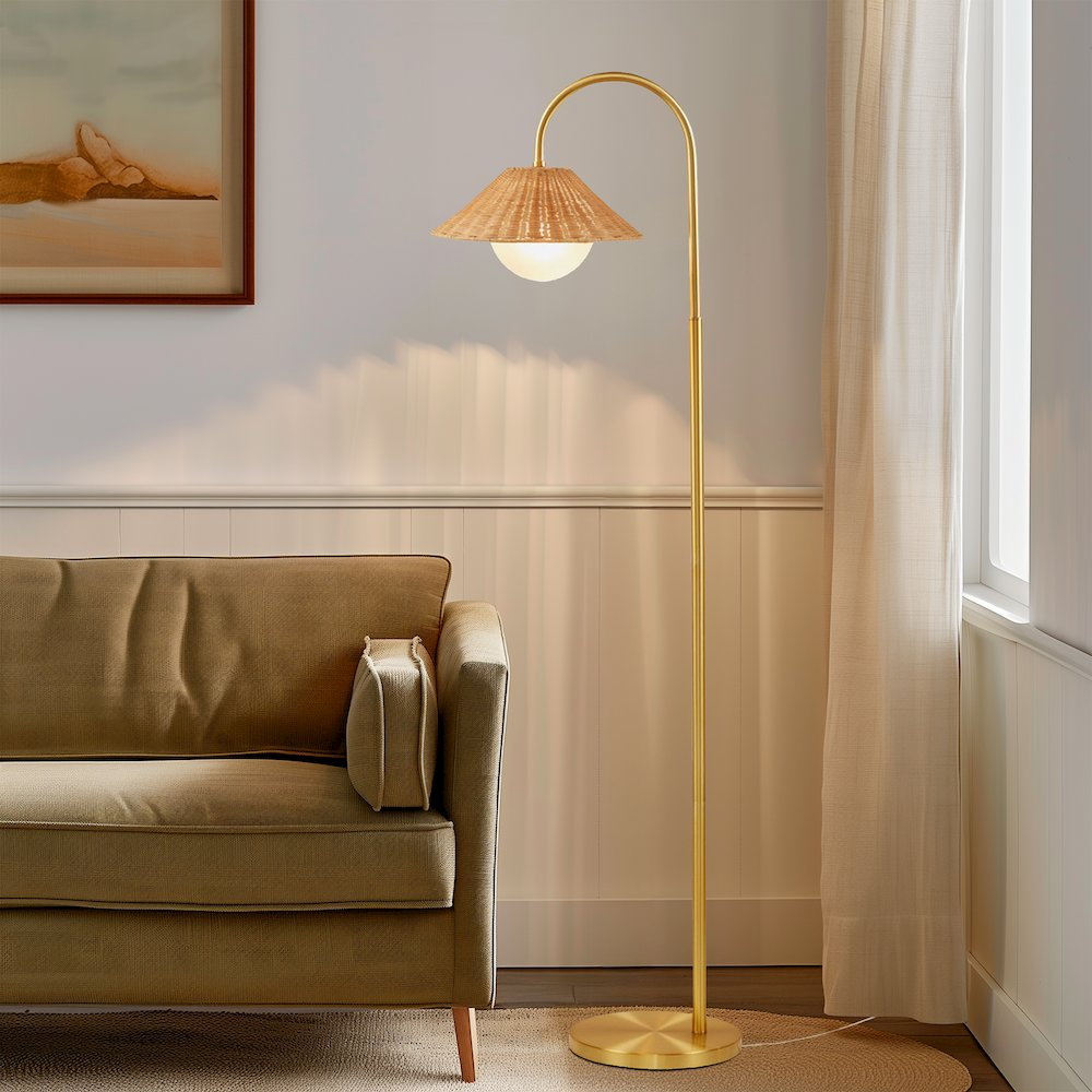 The EMILY Lamp: Elegant Rattan Weave Shade Floor Lamp - Modern Gold Finish with Natural Rattan and Frosted Globe