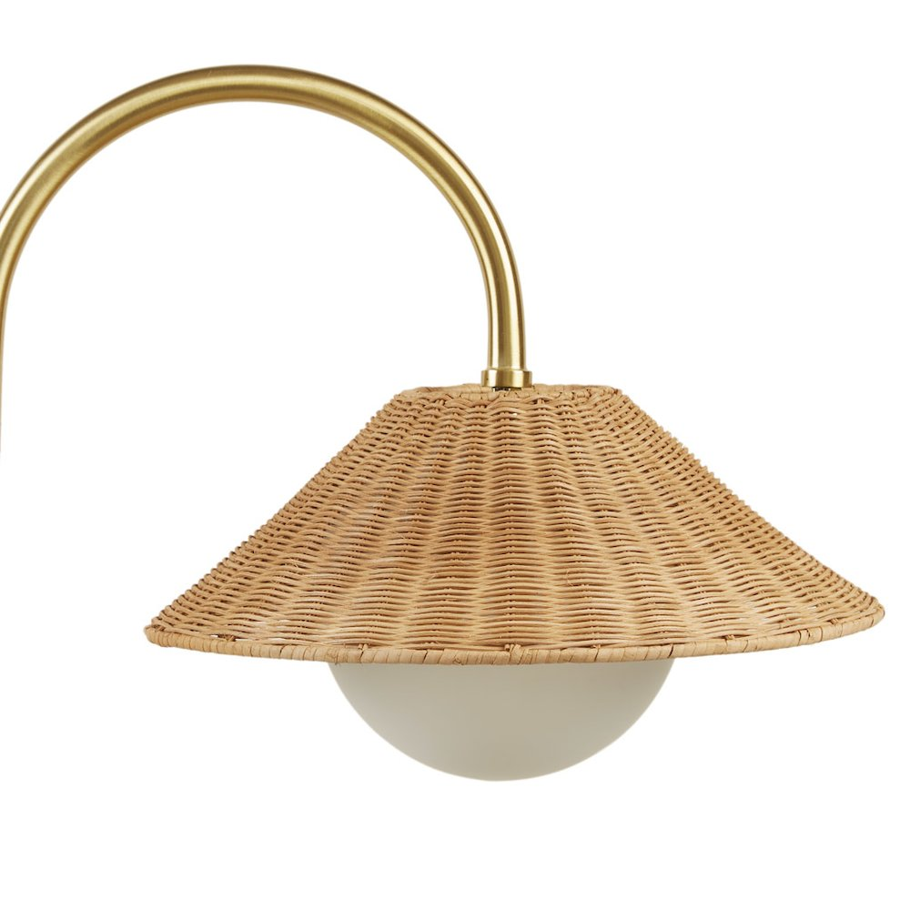 The EMILY Lamp: Elegant Rattan Weave Shade Floor Lamp - Modern Gold Finish with Natural Rattan and Frosted Globe