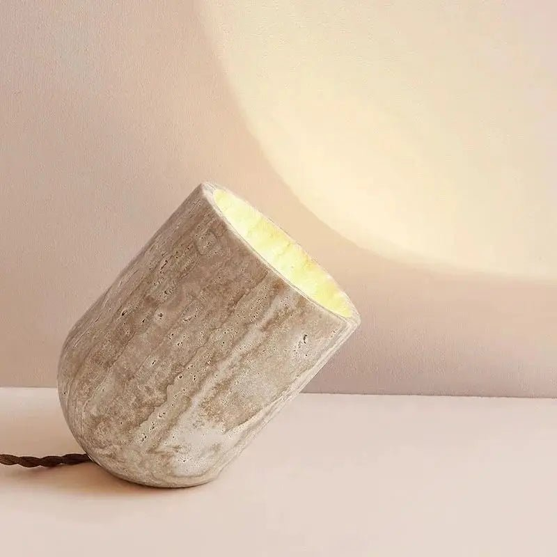 Dori Table Lamp - Handcrafted Yellow Travertine with Pure Wood Edge | Elegant Natural Design