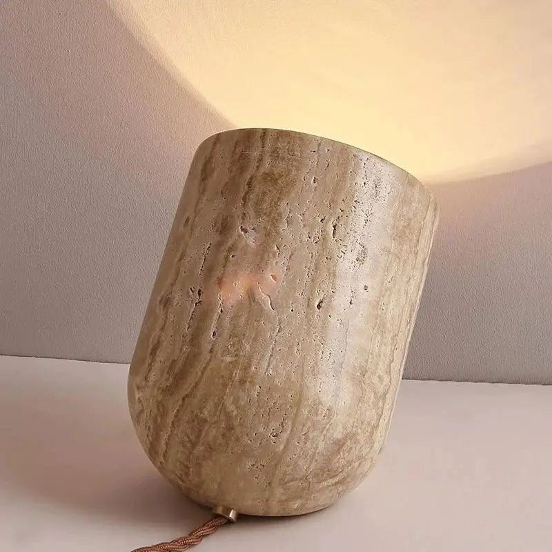 Dori Table Lamp - Handcrafted Yellow Travertine with Pure Wood Edge | Elegant Natural Design