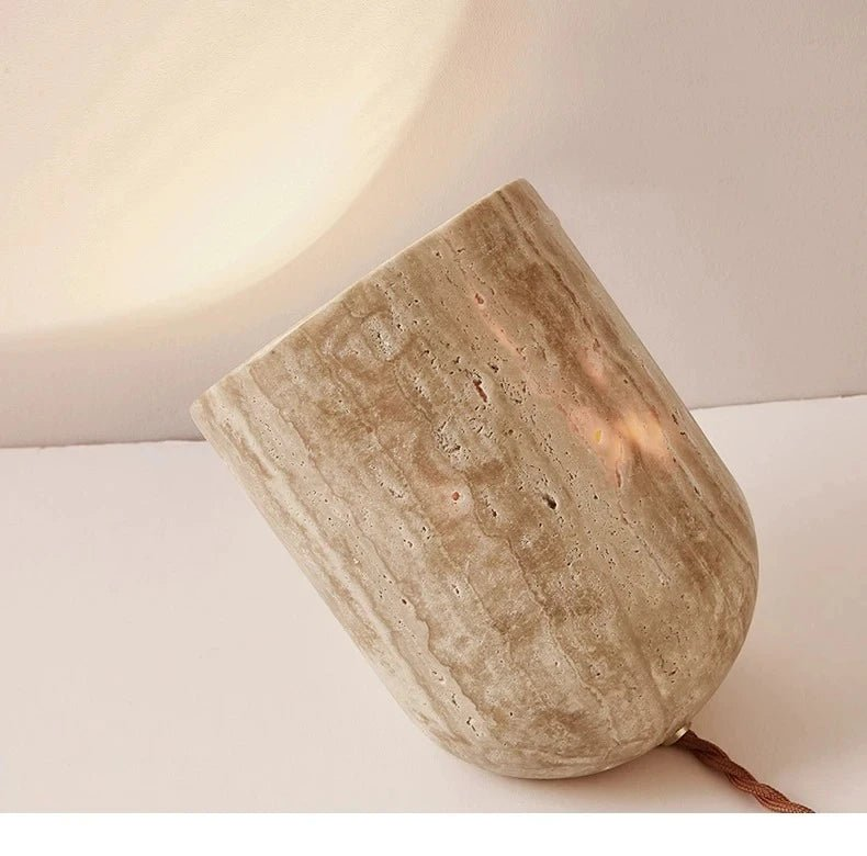 Dori Table Lamp - Handcrafted Yellow Travertine with Pure Wood Edge | Elegant Natural Design