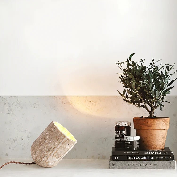 Dori Table Lamp - Handcrafted Yellow Travertine with Pure Wood Edge | Elegant Natural Design