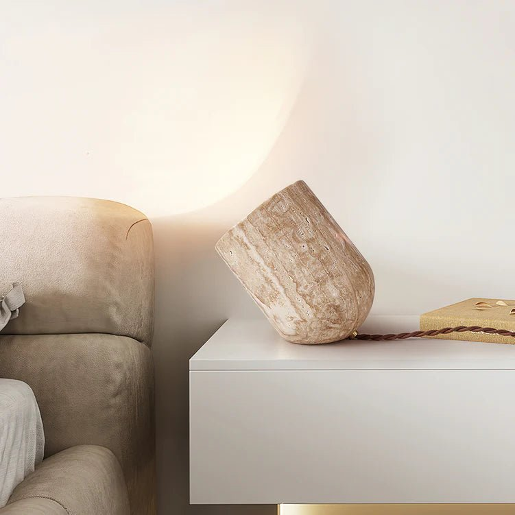 Dori Table Lamp - Handcrafted Yellow Travertine with Pure Wood Edge | Elegant Natural Design