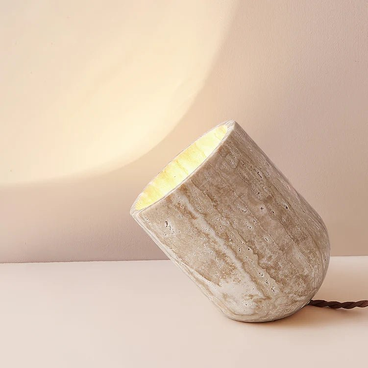 Dori Table Lamp - Handcrafted Yellow Travertine with Pure Wood Edge | Elegant Natural Design