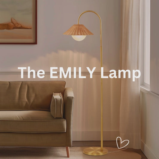 The EMILY Lamp: Elegant Rattan Weave Shade Floor Lamp - Modern Gold Finish with Natural Rattan and Frosted Globe