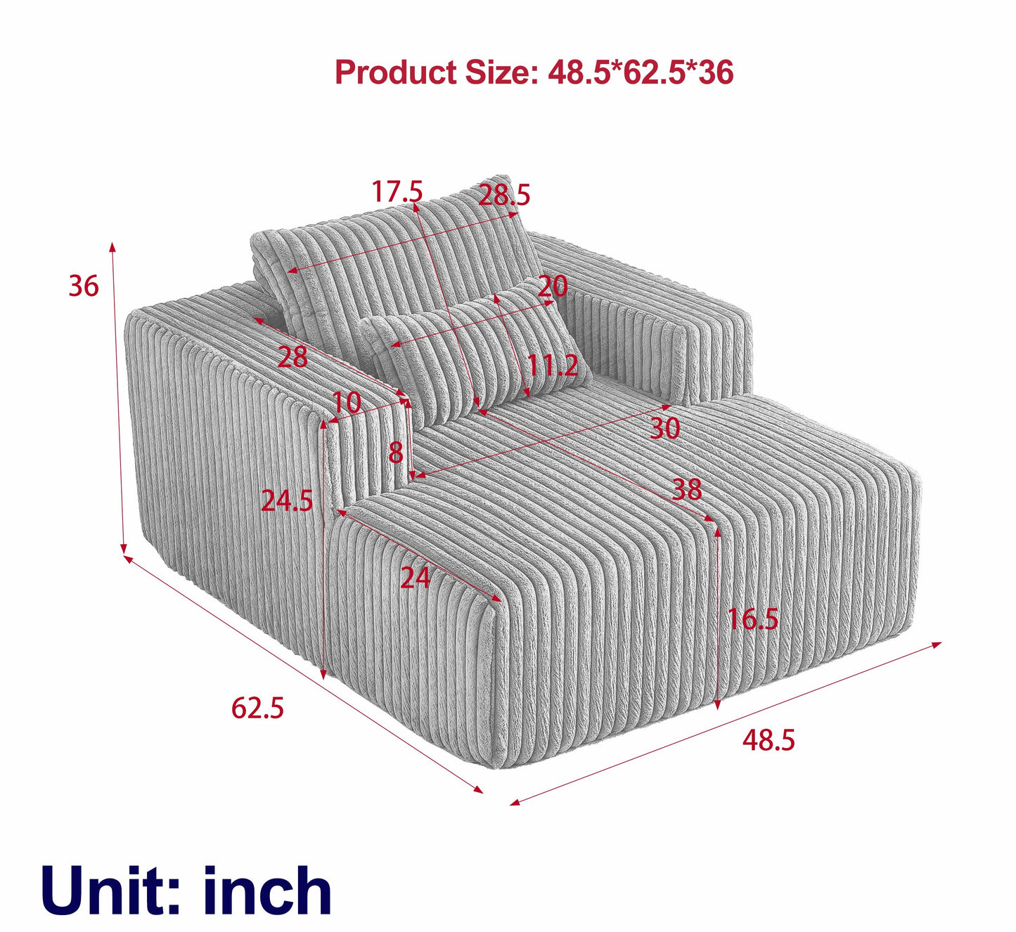 62.5-Inch Corduroy Sponge Sofa Lounge Chair - No Assembly, Fluffy Modern Sleeper for Living Room & Bedroom